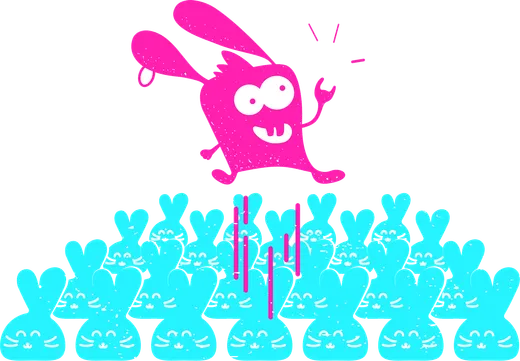A funky pink rabbit leaping above a crowd of identical, blending-in bunnies